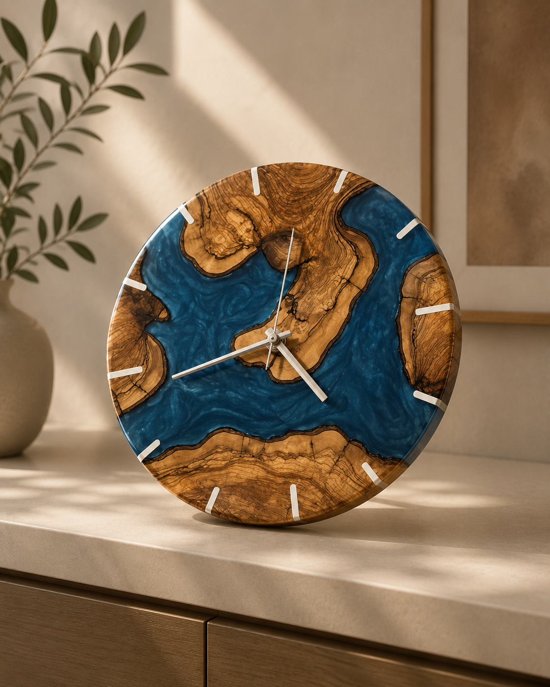 Artistic blue resin and wood wall clock by Luxerwood in Lucknow