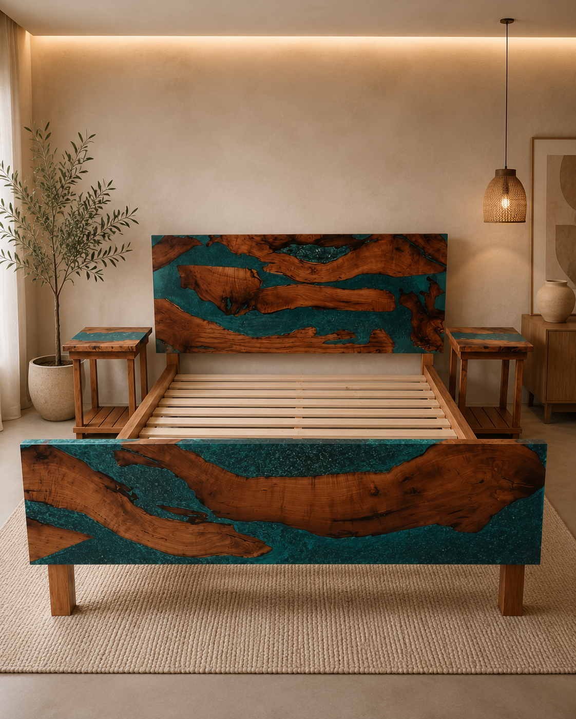 Custom epoxy resin dining table with natural wood inlay by Luxerwood Lucknow