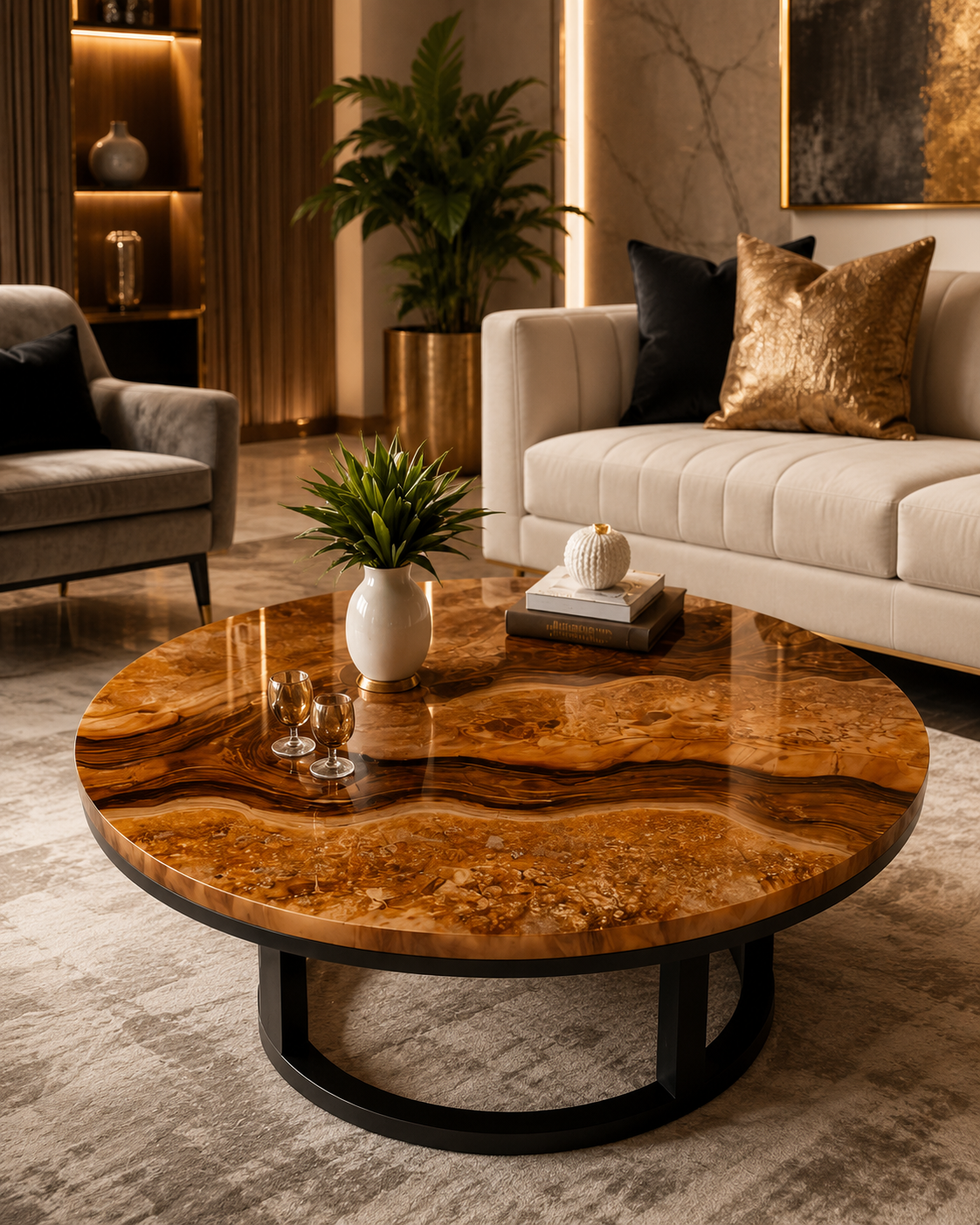 Round live-edge wooden coffee table with bespoke finish in Lucknow